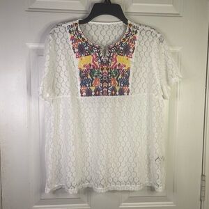 Emery Rose Embroider‎ lace short sleeve  sheer top.   From SHEIN.